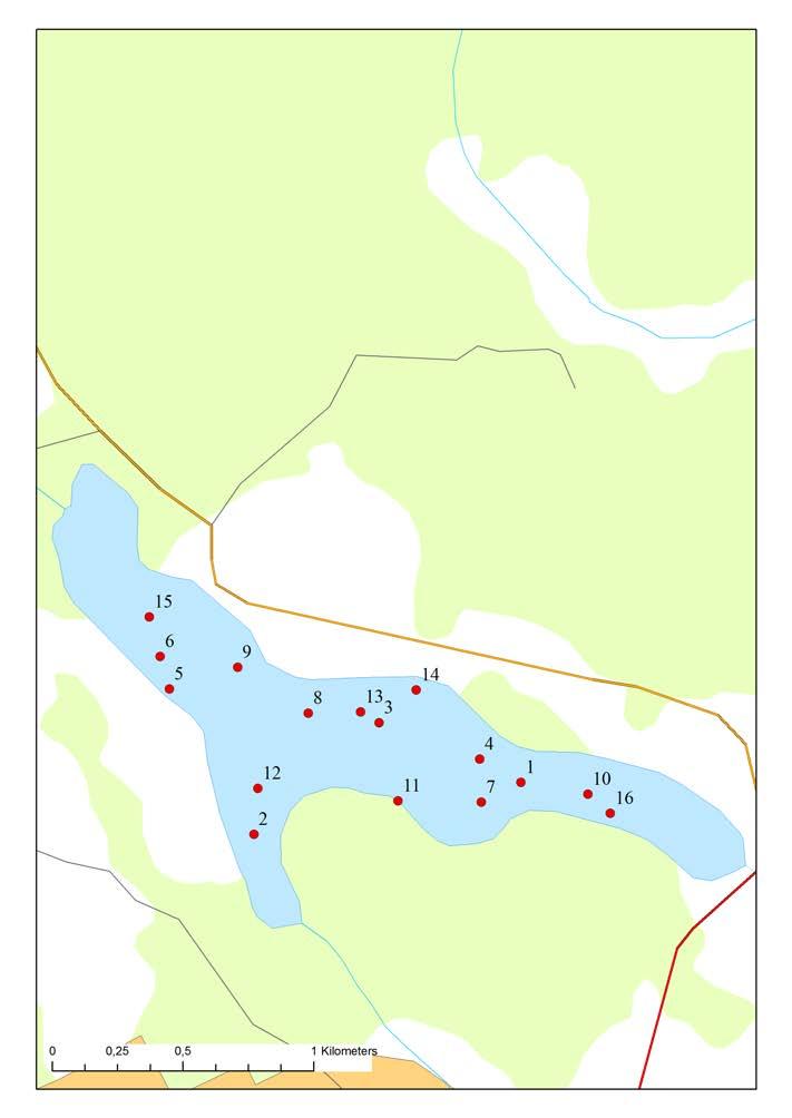 De olika nätens placering vid provfisket i Syningen 2015.