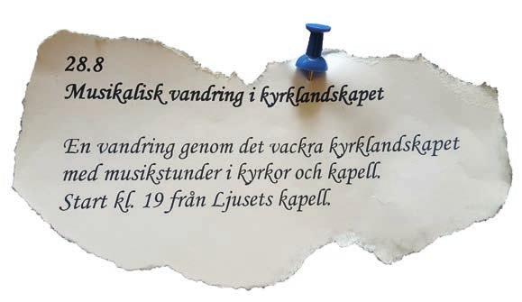Finländsk musik och Schuberts Rosamunde-kvartett. 20.7 kl. 19 Vokalensemblen TriAngel. I programmet bl.a. Melartins Sonmmarsymfoni (Andante). 27.7 kl. 19 Reformationens jubileumsår, Un altra ondata barockensemble.