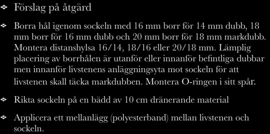 Gravvården har godkända dubbar men inte tillräckligt förankrad mot marken Förslag på åtgärd Borra hål igenom sockeln med 16 mm borr för 14 mm dubb, 18 mm borr för 16 mm dubb och 20 mm borr för 18 mm