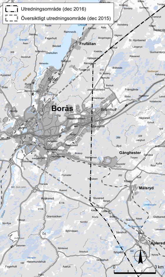 5.5 Geografiska avgränsningar I arbetet med Översiktlig design och systemlösning identifierades ett översiktligt utredningsområde, baserat på de då gällande förutsättningarna om station Jönköping
