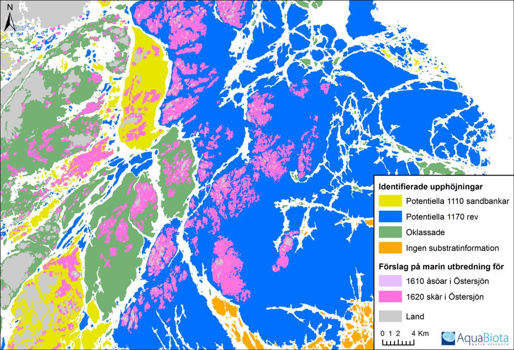 GIS-utsökning av Natura 2000-naturtyper - 1610 rullstensåsöar i Östersjön, 1620 skär i Östersjön, samt potentiella 1110 sandbankar och 1170 rev minska problematiken med de stora områdena diskuterades