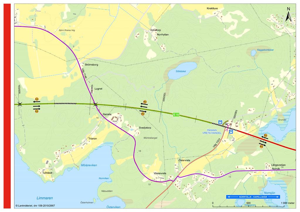 viken gående Vreta Handel vägskäl: Förändrad korsningsutformning: Norra anslutningen flyttad västerut och södra anslutningen ligger kvar i