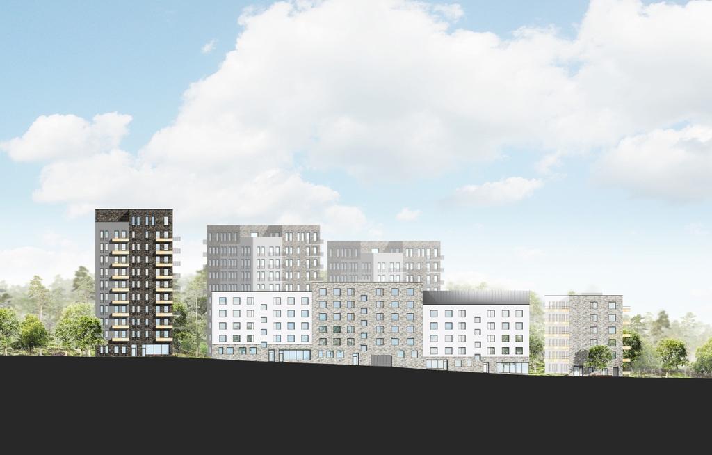 hus i park, fristående parkhus i varierande höjd. Punkthus och gathus bildar det nya kvarteret och omsluter en grön gård för de boende. Planområdet föreslås bebyggas med ca 250 bostäder.