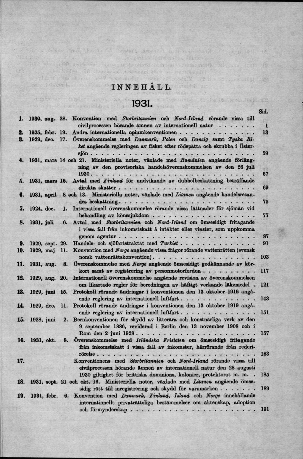 INNEHÅLL. 1931. Sid. 1. 1930, aug. 28. Konvention med Storbritannien och Nord-Irland rörande vissa till civilprocessen hörande ämnen av internationell n a t u r... 1 2. 1925, febr. 19. Andra internationella opiumkonventionen.