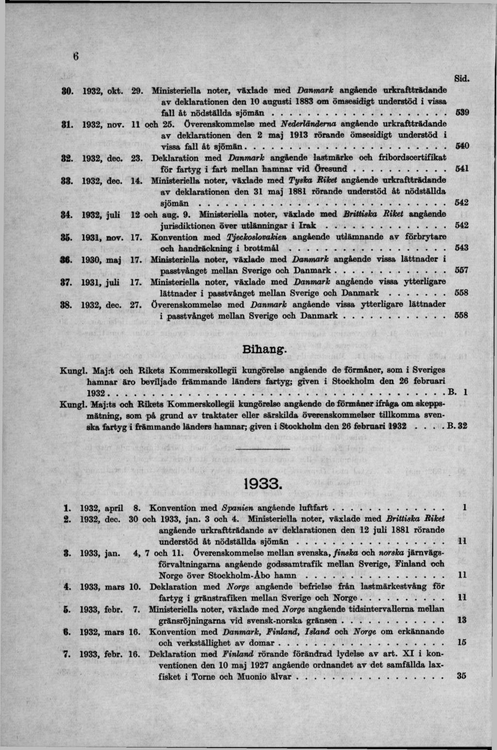 80. 1932, okt. 29. Ministeriella noter, växlade med Danmark angående urkraft trädande av deklarationen den 10 augusti 1883 om ömsesidigt understöd i vissa fall åt nödställda s jö m ä n... 539 31.