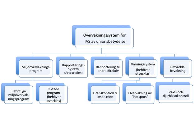 Figur 9. Delar av ett övervakningssystem för IAS bygger på möjligheterna att integrera befintlig övervakning, rapportering till Artportalen och gränskontroll och att utveckla nya program där så krävs.