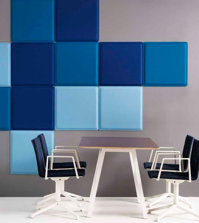 Front - wallabsorbent Acoustic wall panel. Pressed natural fiber panel ECOLIN or ECOPOLY polyester fibers with fabric of wool or bamboo in standard colours. Hidden Velcro suspension.