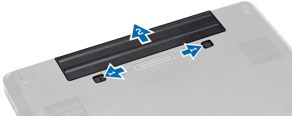 Installera batteriet 1. Skjut in batteriet i facket tills det klickar på plats. 2. Följ anvisningarna i När du har arbetat inuti datorn. Ta bort SD-kortet 1.