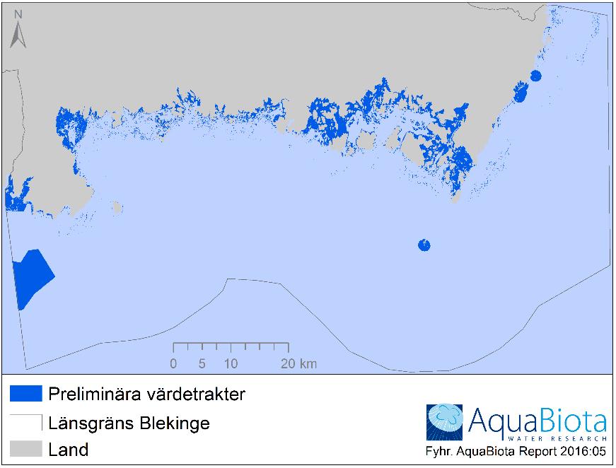AquaBiota Report 2016:05 Figur 3. Preliminära värdetrakter baserat på kriteriet "Koncentration av ekosystemkomponenters naturvärden" enl. ramverket MOSAIC för marin miljö.