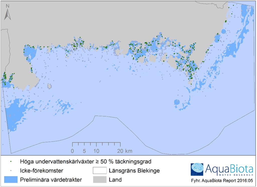AquaBiota Report 2016:05 vara hyfsat väl representerade i värdetrakterna, är dock detta ett väldigt osäkert mått då vi saknar tillräcklig kännedom om representativiteten hos dessa platser. Figur 10.