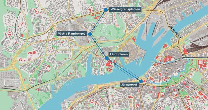 2. LINBANA CENTRUM JÄRNTORGET-WIESELGRENPLATSEN Typ av anläggning: 3-kablig stadslinbana, helt integrerad i kollektivtrafikens stomtrafiksystem Sträcka: ca 3 000 m Hållplatser: Wieselgrensplatsen,