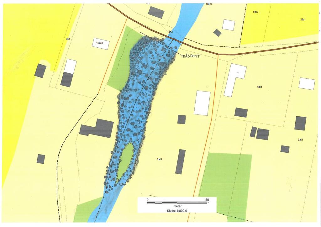 Figur 3. Principskiss över den fors som kommer att skapas efter åtgärd i högre medelvattenföring. I lågvattenföring syns en större andel torra ytor och en mera tydlig meandring i fåran.