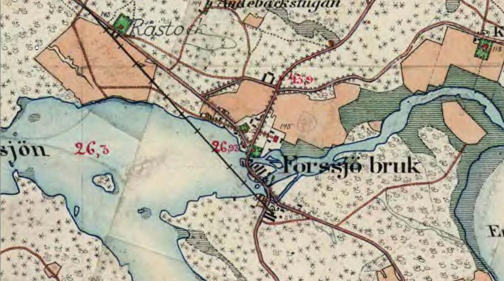 Bild 7. Häradsekonomisk karta från 1897-1901 över Forssjö bruk med byggnader och omgivningar. I mitten av kartan syns bruksgården.