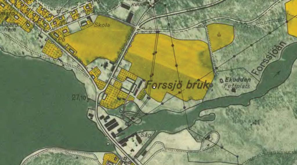 Källa: Lantmäteriets historiska kartor. Bild 8. Ekonomisk karta från 1956 över Forssjö bruk. Några av alléerna har försvunnit.