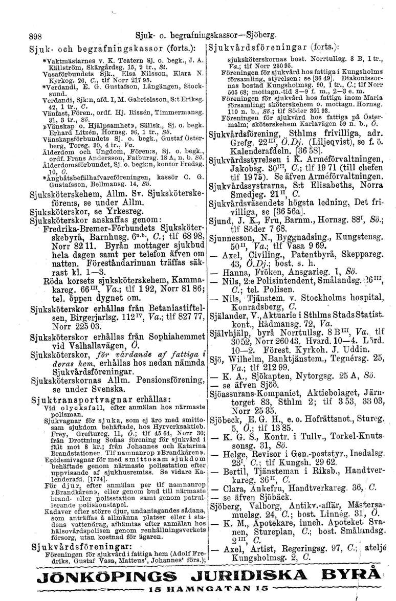 898 Sjuk- o. begrafnillgskassor-sjöberg. Sju k- och begrafningskassor (forts.): Sjukvårdsföreningar (forts.):.vaktmästarnes v. K. Teatern Sj. o. begk., J. A. sj\1ksköterskornasbost. Norrtullsg.