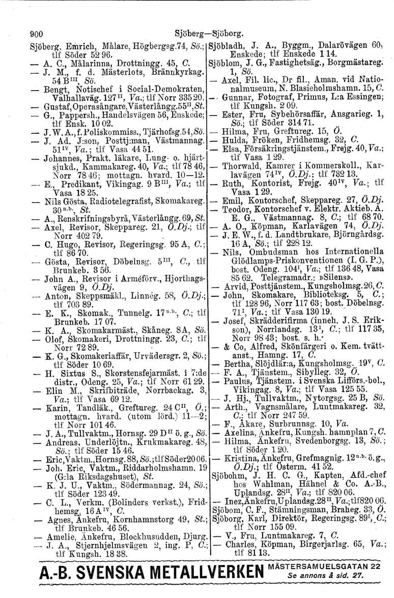 900 Sjöberg-Sjöborg. Sjöberg", Emrich, Målare, Högbergsg.74, Sä.; Sjöbladh, J. A., Byggm., Dalarövägen 60, tlf Söder 5296. Enskede; tlf Enskede 114. - A. C., Målarinna, Drottningg. 45, C. Sjöblom, J.