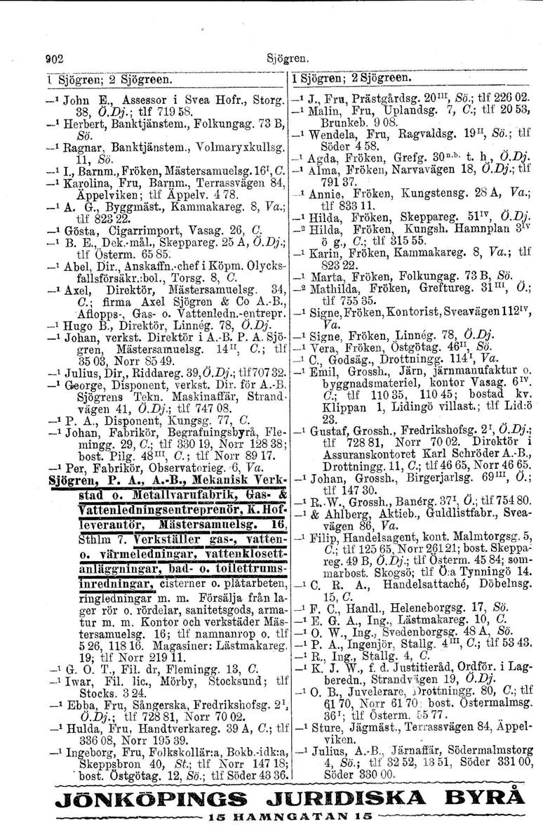902 Sjögren. lsjögrell;2sj5i~--------- '1 Sjögren; 2 Sjög r_e_en_. _ -' John E)., Assessor i Svea Hofr., Storg. -' J., Fru, Prästgårdsg. 20 m, Sö.; tu 226 02. 38, O.Dj.; tlf 71958.