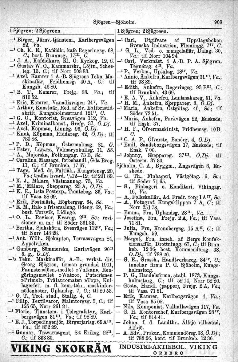 , 'Sjögren-Sjöholm. 903.1 Sjögre~; 2 Sjögreen., 11Sjögren; 2 Sjögreen.' _1 Birger, Järnv.-tjänstem., Karlbergsvägen _1 Carl, Utgifvare af Uppslagsboken ; 82, Va. Svenska Industrien, Flemlngg. 'liv, C.