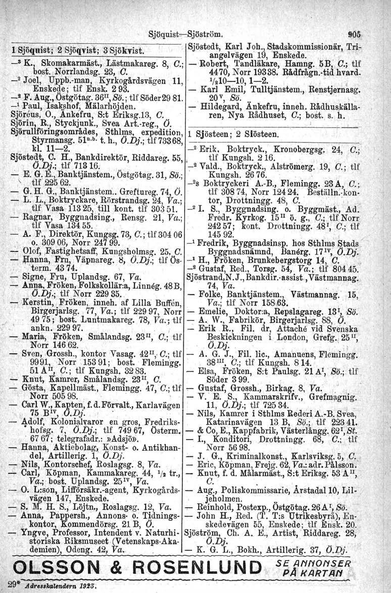 , "'. " Sjöquist-Sjöström. " l Sjöquist; 2 Sjöqvist-; '3 Sjökvist. Sjöstedt, Karl J oh~s,tadskommissionär, Tri-, angel vägen 1u, Enskede. ", ' _3 K. 1 Skemakarmäst., Läst,makareg. 8, G.