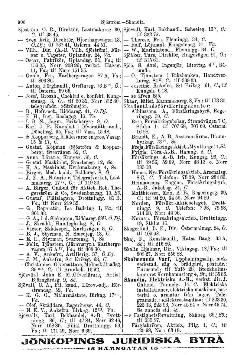 906 Sjöström-Skandia. Sjöström, O. Ro, Direktör, Lästmakareg. 30, Sjöwall, Karl, Bokhandl., Scheeleg. 13 v, G.; G. tlf 33 45. tlf 332 72. - Svep. Erik, Direktör,.