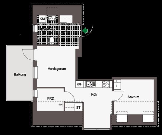 NYA SÄRÖ Lägenhetsplaner i lägenhetshusen 46,5 kvm 2 rum och kök / typ L8 3 lägenheter: Hus B - Plan 2 - lgh B-1202, 46,5 kvm - balkong Hus C1 - Plan 2 - lgh C1-1202, 46,5 kvm - balkong Hus C2 - Plan