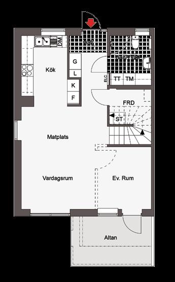 NYA SÄRÖ Lägenhetsplaner i radhusen 112,0 kvm 5-6 rum och kök / typ R1 2 radhus: Radhus E - lgh E-1001, 112,0 kvm - altan & balkong Radhus F - lgh F-1001,