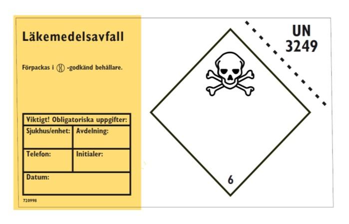 mm Placera läkemedel i en gul låda på kliniken/avdelningen fyll i godsdeklaration för farligt gods enligt ADR-s, UN 3249, läkemedelsavfall (se nästa sida) och etiketten till lådan.