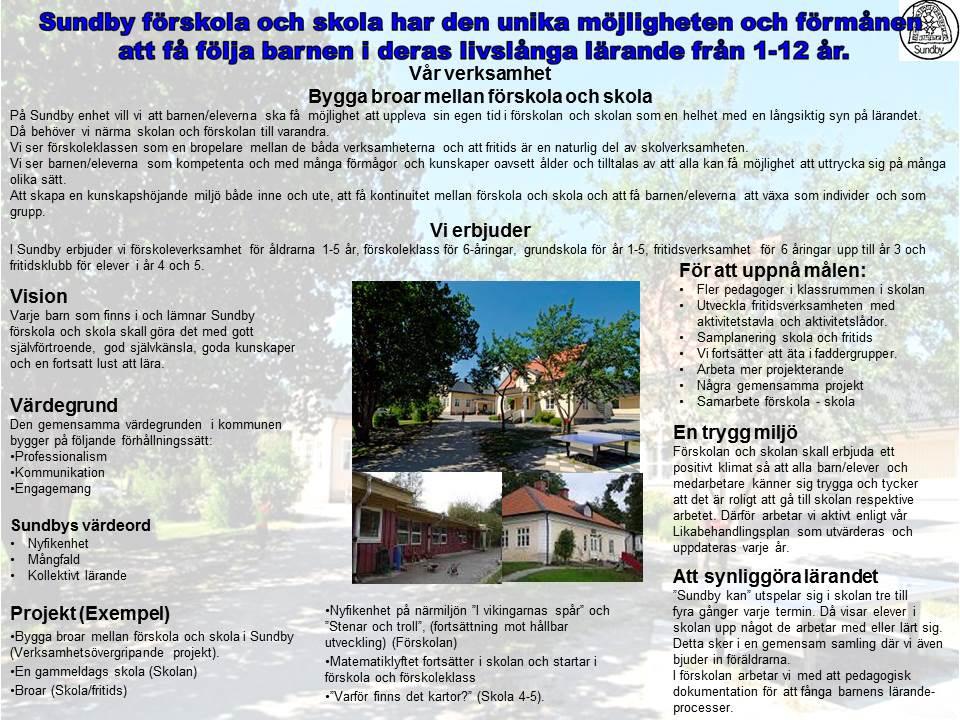 Datum 2014-09-15 Verksamhetsplan för Sundby förskola och skola 2014-2015 Verksamhetsidé 1 Nuläge Sundby förskola och skola är i ständig förändring.