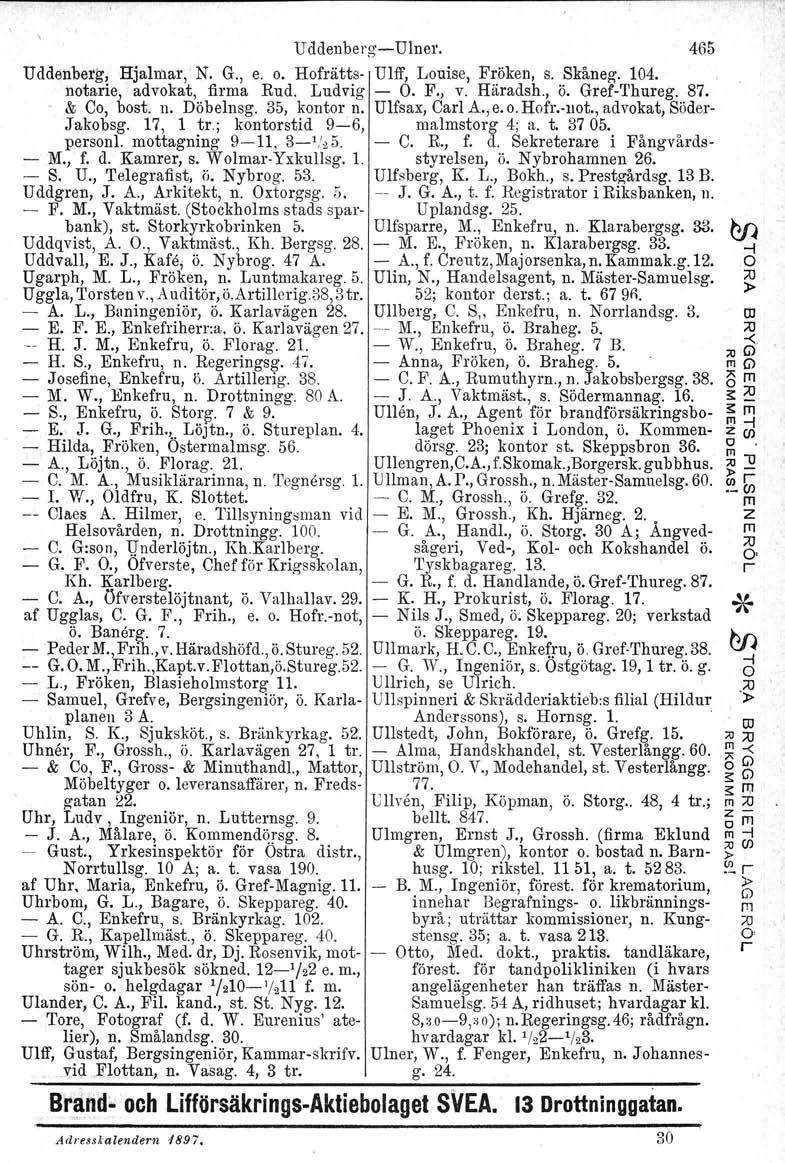 Uddenbeg-e-Ulne. 465 Uddenbeg, Hjalma, N. G., e.. Hfätts- Ulff, Luise, Föken, s. Skåneg. 104. ntaie, advkat, fima Rud. Ludvig -. F., v. Häadsh., ö. Gef-Thueg. 87. & C, bst. n. Döbelnsg. 35, knt n.