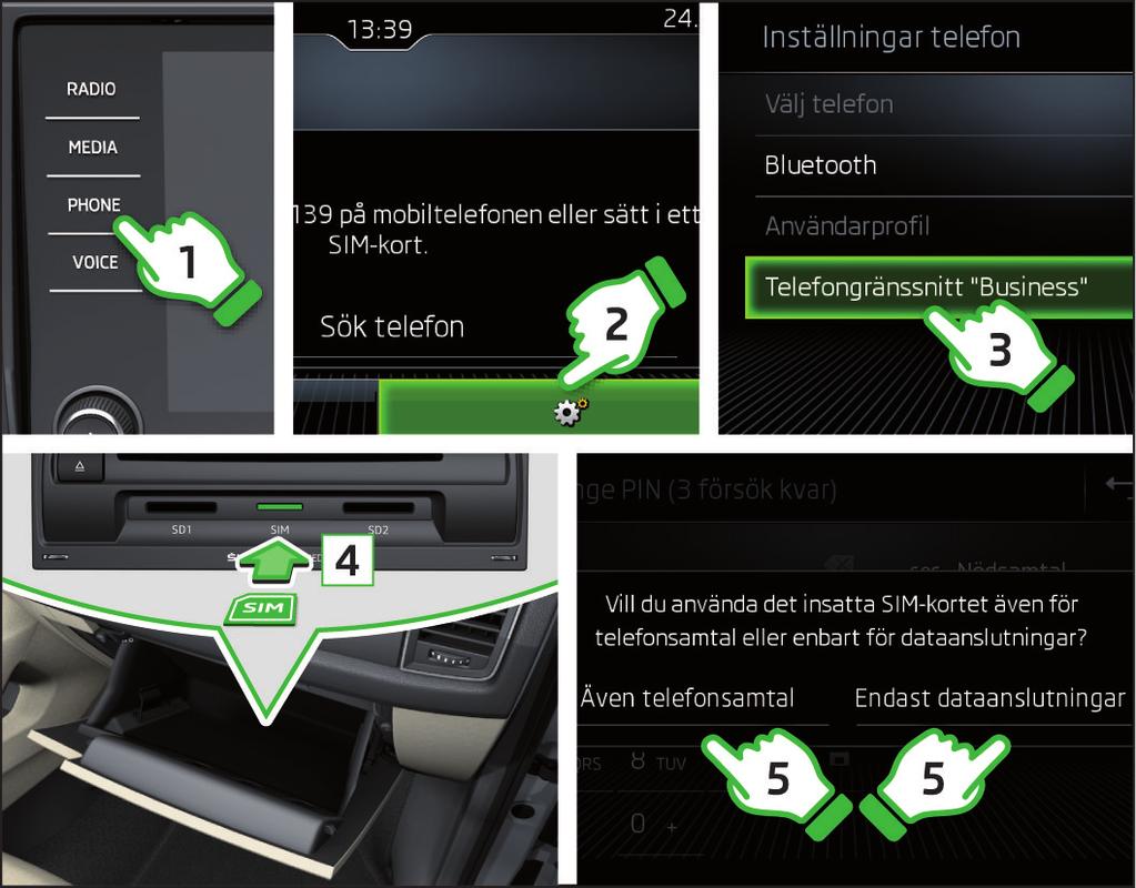 Upprätta anslutning via SIM-kortet i den externa modulen Slå på tändningen och starta infotainmentsystemet.