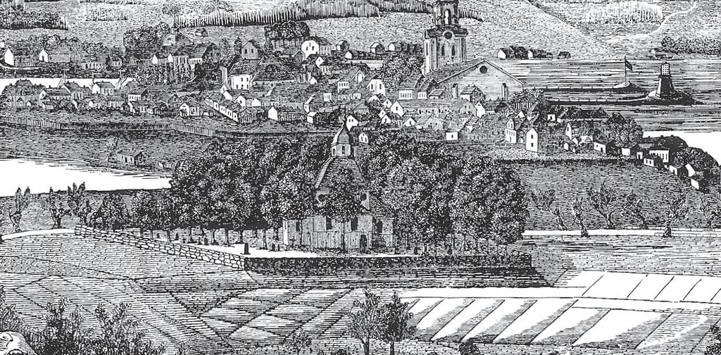 BYGGNADSVÅRDSRAPPORT 2007:135 11 Händelsehistorik Vy över Jönköping och i förgrunden Östra kyrkogården med kapellet. Beskuret träsnitt av L De Vylder 1853.