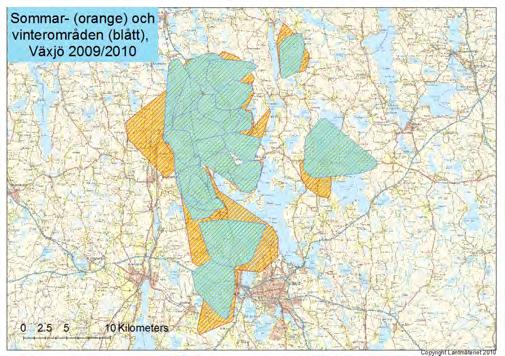 I figur 4 ser att vi spridningen är ganska stor, det finns några älgar som verkar vara kvar året runt i stort på samma område, men andra har en tydlig tendens att vandra från vinterområdet till