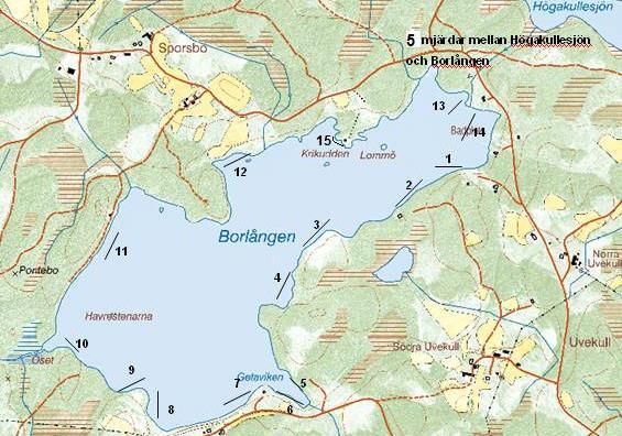 Figur 7. Karta över mjärdarnas placering på lokalerna Borlången och Kvarnbäcken uppströms sjön. Nummer anger langnummer (5 mjärdar per lang). Figur 8.