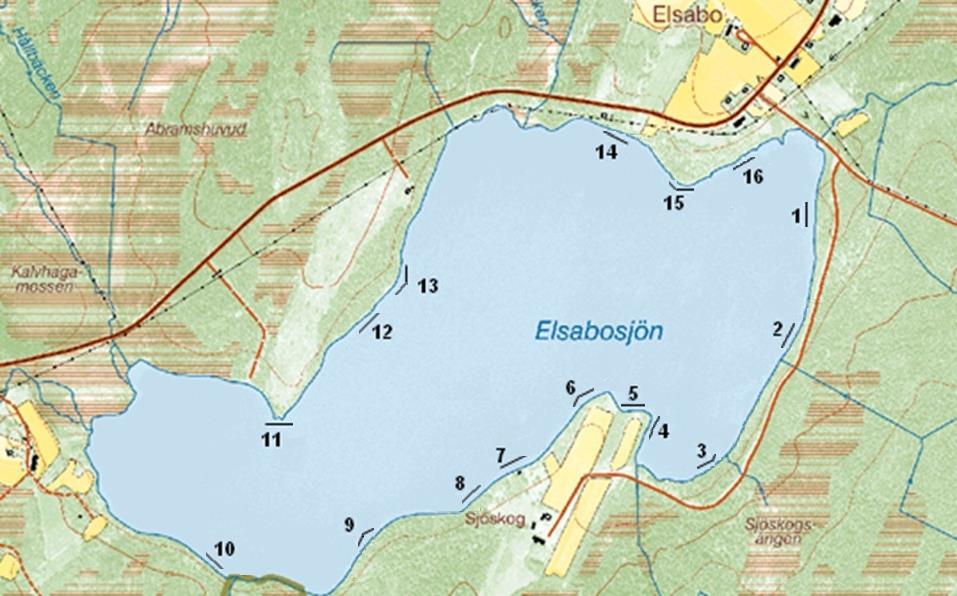 ph Alk (mekv/l) KRÄFTPROVFISKE I JÖNKÖPINGS LÄN 2011-2012 Figur 10. Karta över lokal Elsabosjön. Nummer anger langnummer (5 mjärdar på varje lang).