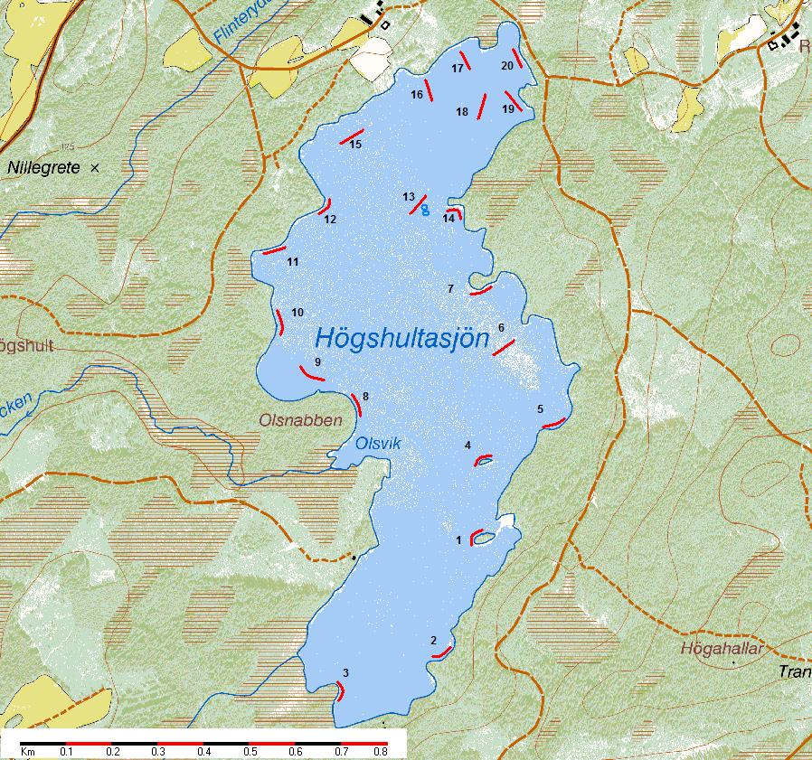 Figur 17. Karta över lokalen Högshultasjön. Nummer anger langnummer (5 mjärdar per lang). Karshultasjön Xkoord Ykoord Kommun sjöyta (ha) Medeldjup (m) Oms.