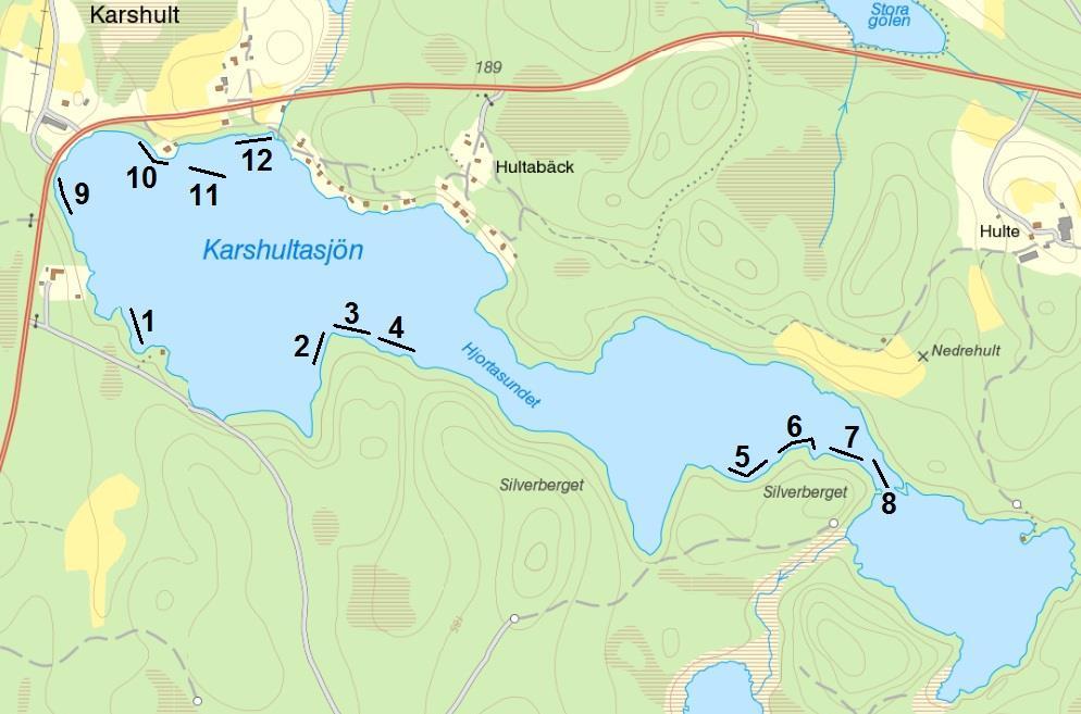 Figur 19. Karta över lokal Karshultasjön. Nummer anger mjärdnummer (5 mjärdar per lang). Kolvåsasjön och Flankabäcken Kolvåsasjön Xkoord Ykoord Kommun sjöyta (ha) Medeldjup (m) Oms.
