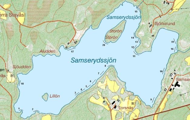 ph Alk (mekv/l) KRÄFTPROVFISKE I JÖNKÖPINGS LÄN 2011-2012 Figur 33. Karta över lokal Samserydssjön. Nummer anger langnummer (5 mjärdar per lang).