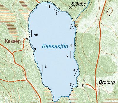Figur 42. Karta över mjärdarnas placering på lokal Kassajön vid kräftprovfisket 2011. Nummer anger langnummer (5 mjärdar per lang). Årevedssjön Xkoord Ykoord Kommun sjöyta (ha) Medeldjup (m) Oms.