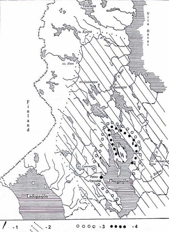 Fig. 5.8. Spridningsbild över lidit sprids från sina råmaterialkällor i norra Karelen efter Zhulnikov (1999 fi g. 86). 1.- Råmaterialförekomster av lidit, 2.