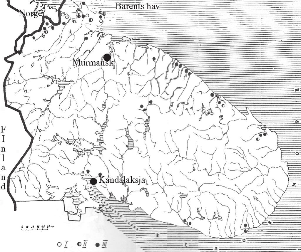 Fig. 5.10. Lokaler från olika delar av mesolitikum på Kolahalvön. I tidig-, II mellan- och III senmesolitikum efter Shumkin (1992:123 fi g. 1).
