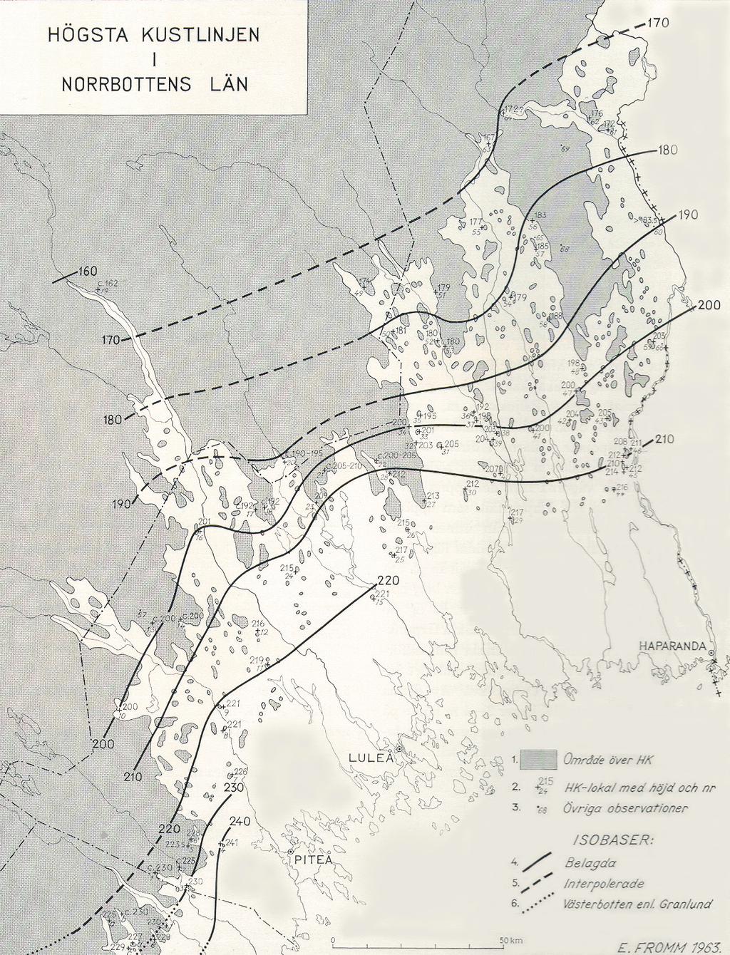 Fig. 1.2. Karta över högsta kustlinjen i Norrbotten efter Fromm (1965). 1.4. Strandförskjutning och landhöjning efter för att behålla kustkontakt och goda hamnlägen.