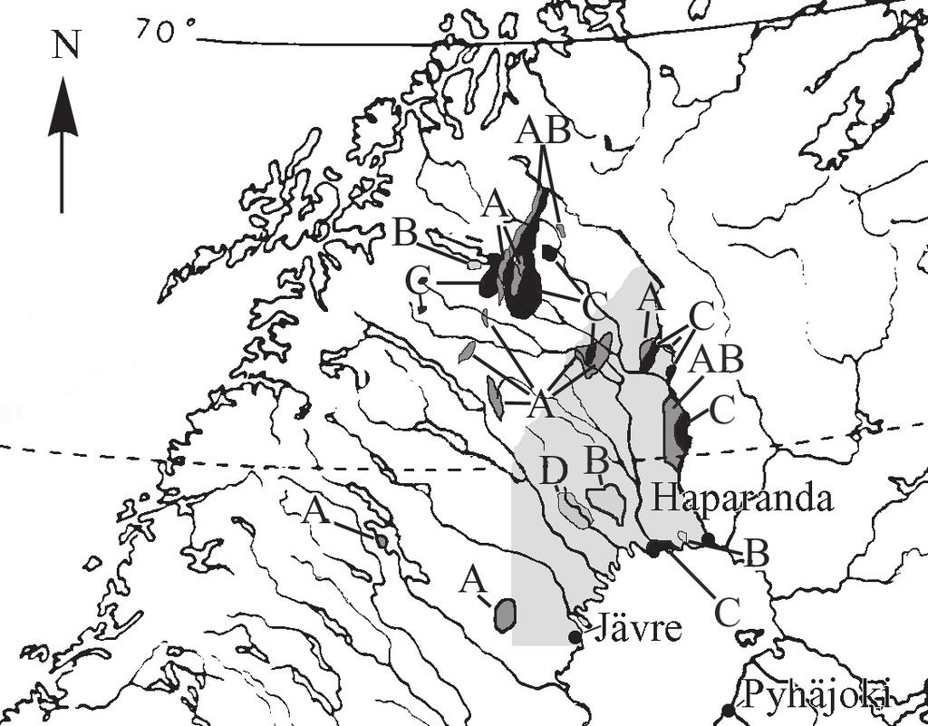 Fig. 3.2. Karta över olika bergarters förekomst som varit använda sområmaterial till stenföremål i Norrbotten.