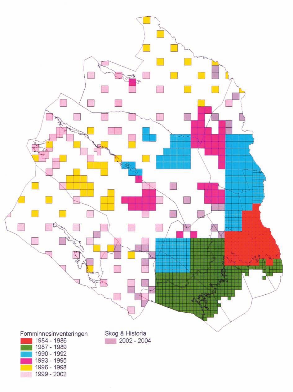 Fig. 4.1. Olika områden av Norrbotten som inventerats från 1984 fram till 2004. Hela kustområdet är inventerat medan inlandet fortfarande har en del områden kvar (ur Liedgren & Hedman 2005:5).