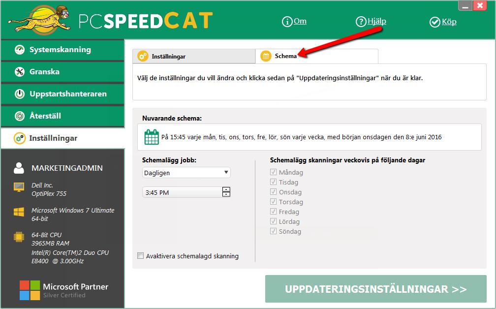 Låt oss sedan titta på fliken Schema upptill: Här kan du ställa in PC SpeedCAT på regelbundna skanningar, så att datorn håller sig i bästa möjliga form.