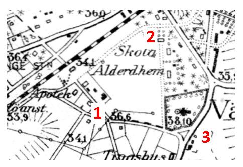 1. Kaplansgårdens plats 1600-talet 1860-talet. 2. Norra skolhuset, kallat Klockargården från 1860-talet. 3. Kaplansgårdens läge (se artikeltexten!).