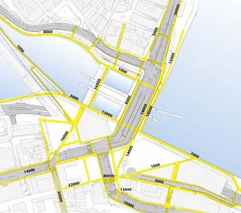 Gångnät i Slussen och gångflöden dygnprognos 2030.