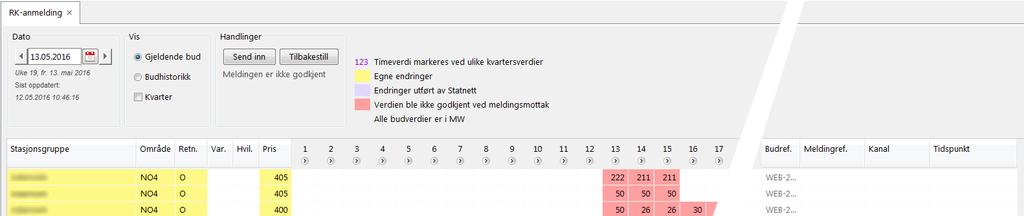 De bud som inte klarar valideringen kommer att vara synliga i listan med en röd markering för de timmar som inte godkändes vid valideringen.