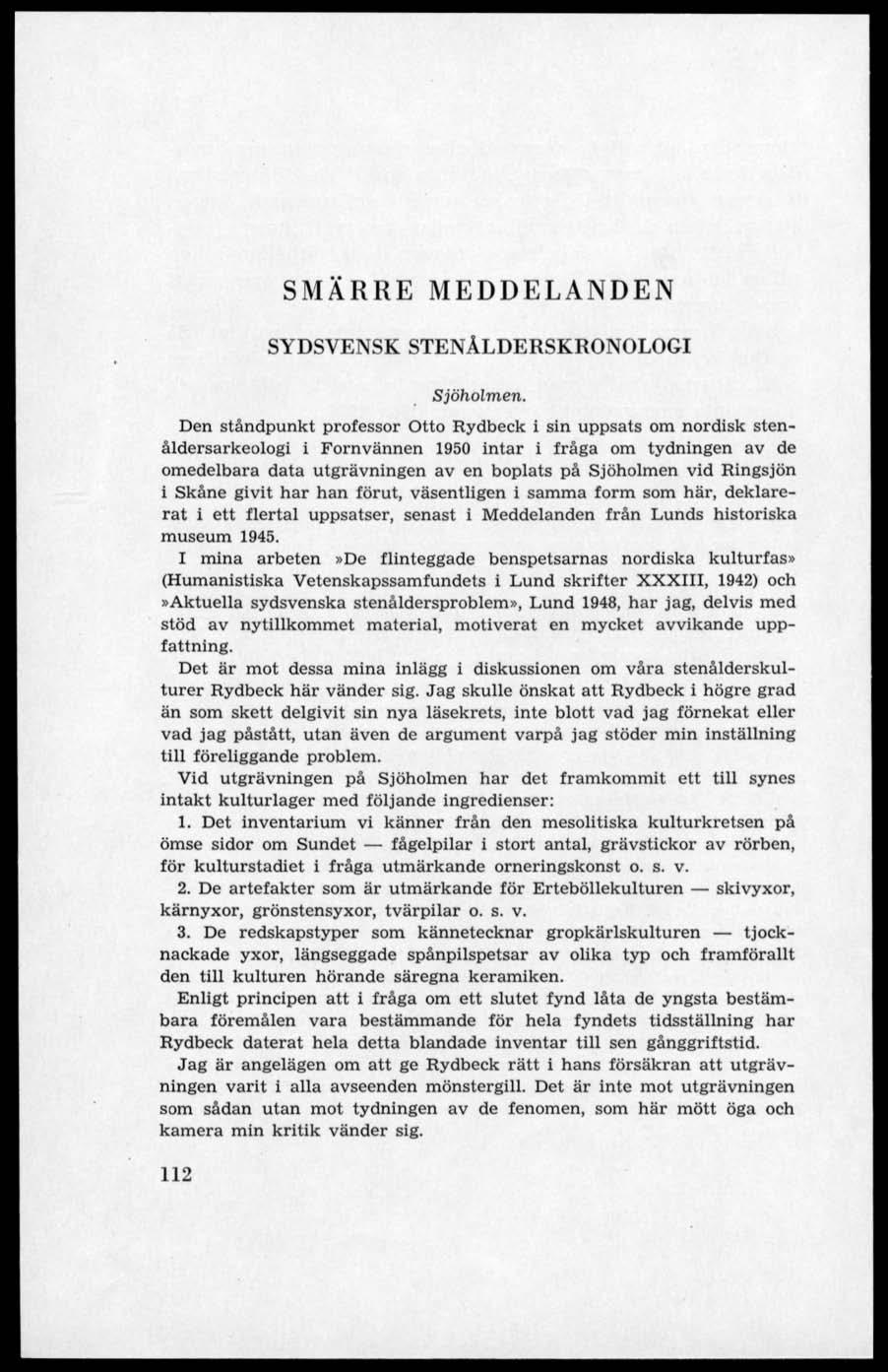 MEDDELANDEN SYDSVENSK STENÅLDERSKRONOLOGI Sjöholmen.