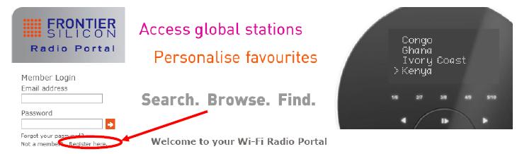 1.8 Lägg Station till "Mina favoriter" 1 Besök hemsidan: http://www.wifiradio-frontier.com 2. Klicka på registrera länken. 3. Skapa konto inloggning, kod krävs. Hur får man den här koden?