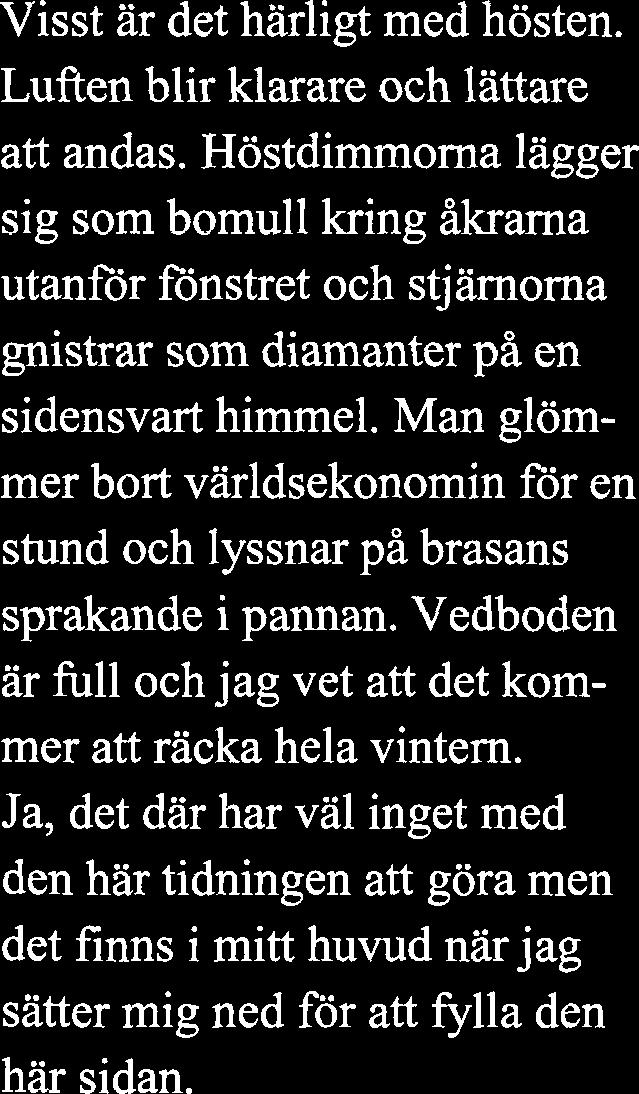 Man glömmer bort varldsekonomin for en stund och lyssnar på brasans sprakande i pannan. Vedboden ar full och jag vet att det kommer att racka hela vintern.